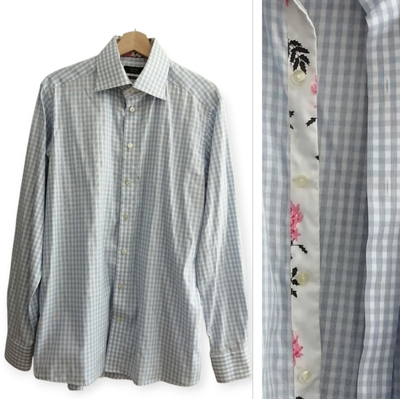 Eton Contemporary Fit Blue White Check Plaid Dress Shirt Floral Trim 16.5 34/35 - Picture 1 of 15